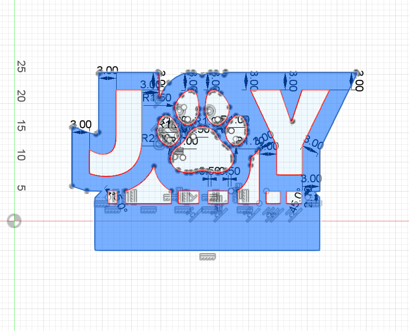 CAD drawing of a dxf file for a sign with the word "JOY" and a paw for the "o" from Atomic Rat Rods & Metal Werks.