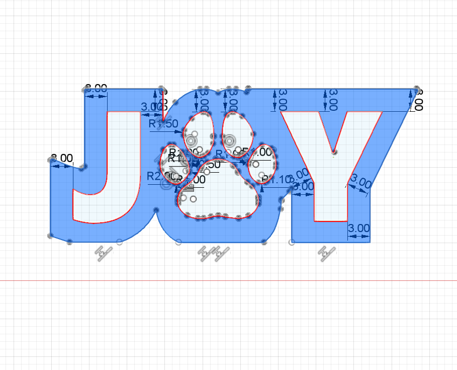Image of a CAD drawing of a DXF file for a Christmas sign of the word JOY with the letter "o" replaced by a paw from Atomic Rat Rods & Metal Werks.