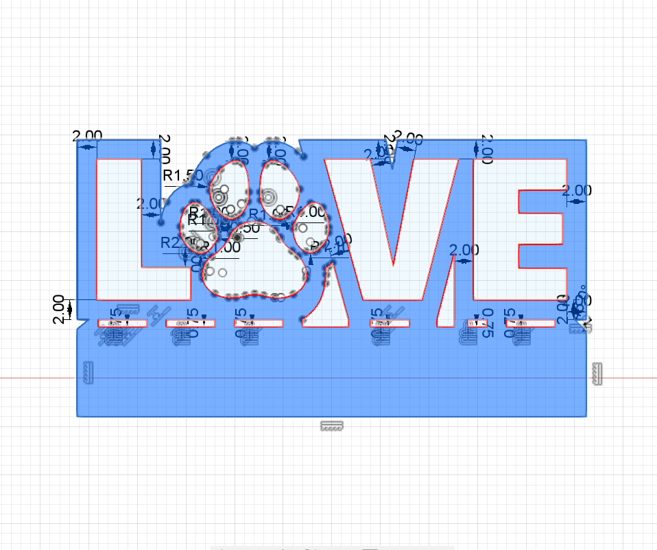 Image of a CAD sketch of a DXF file for a "LOVE" sign with a paw for the "o" from Atomic Rat Rods & Metal Werks.