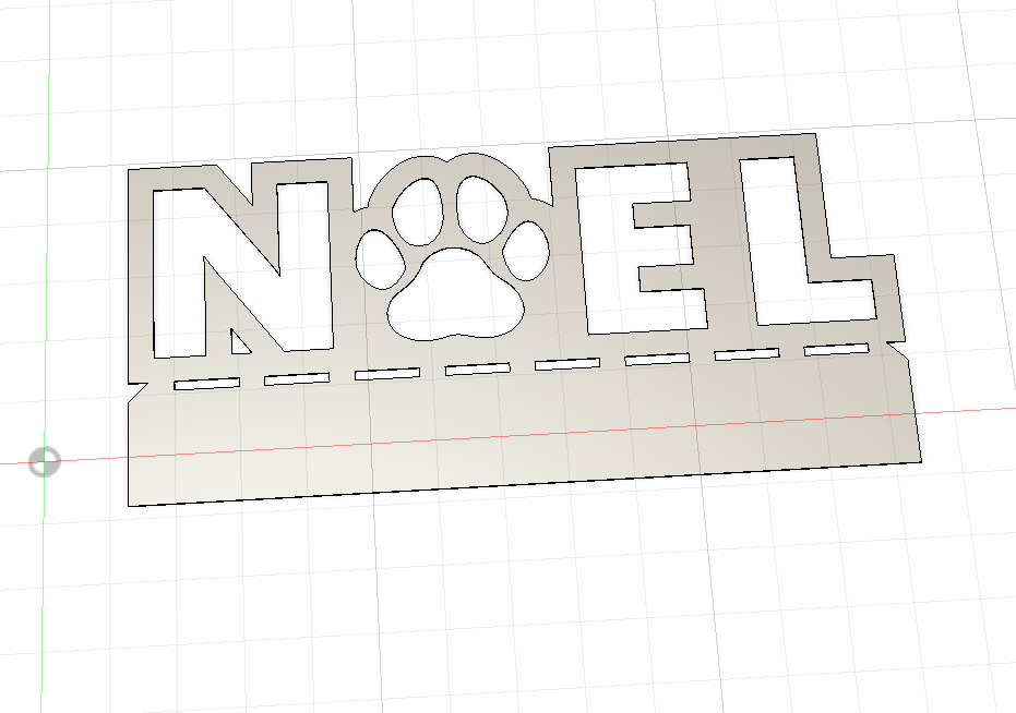 Image of a cad drawing of a dxf design for a "NOEL" sign with a paw for the "o" from Atomic Rat Rods & Metal Werks.