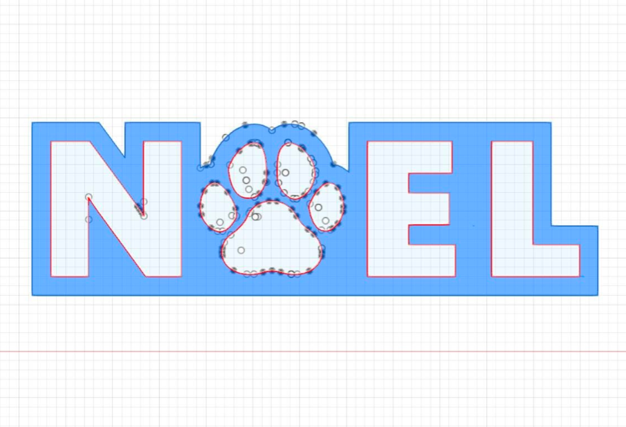 Image of a CAD sketch of a DXF file for a "NOEL" sign with a paw for the "o" from Atomic Rat Rods & Metal Werks.